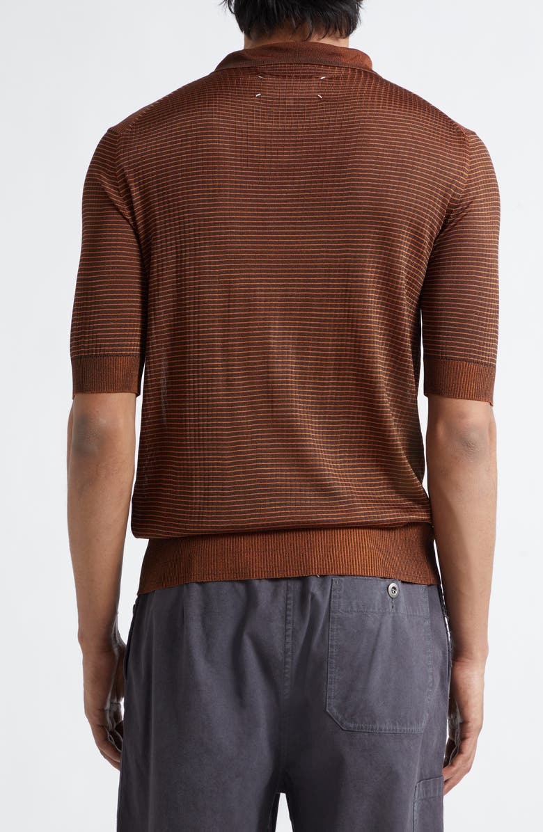 Maison Margiela Stripe Plaited Rib Polo Sweater, Alternate, color, Dark Brown/ Orange