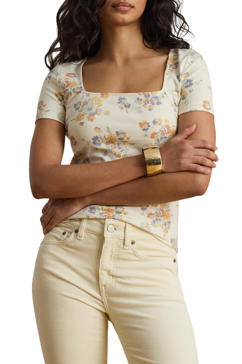 Floral Square Neck Stretch Cotton Jersey Top, Main, color, CREAM/ MULTI