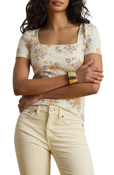 Floral Square Neck Stretch Cotton Jersey Top