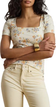 Lauren Ralph Lauren Floral Square Neck Stretch Cotton Jersey Top