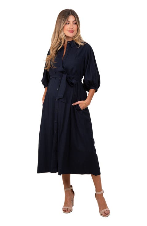 3/4 Bubble Sleeve Midi Shirt Dress