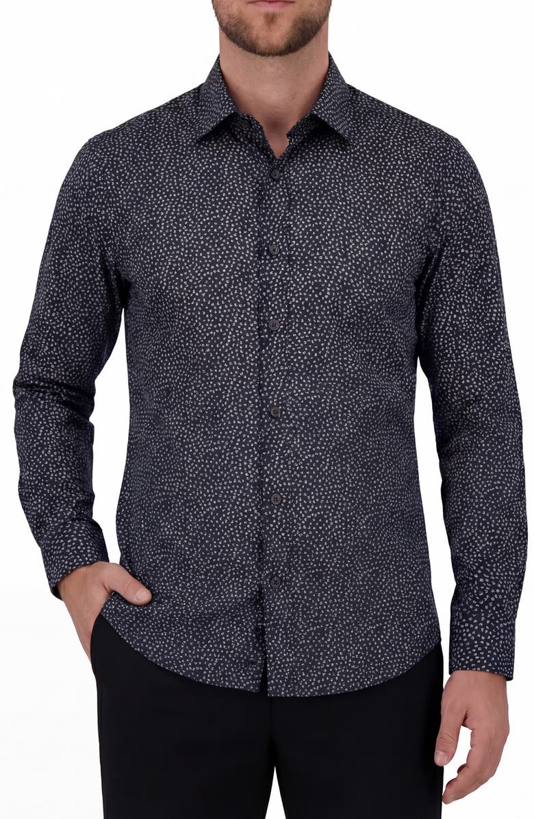 Report Collection Regular Fit Frond Print 4-Way Stretch Button-Up Shirt, Main, color, 41 Navy