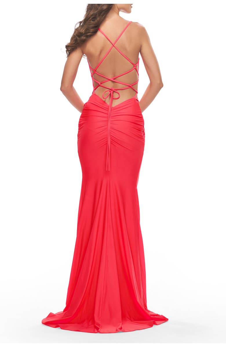 La Femme Unique Jersey Dress with Open Criss Cross Sides in Neon, Alternate, color, Hot Coral