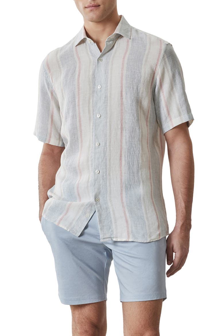 Zev Stripe Short Sleeve Linen Button-Up Shirt, Main, color, VINTAGE BLUE