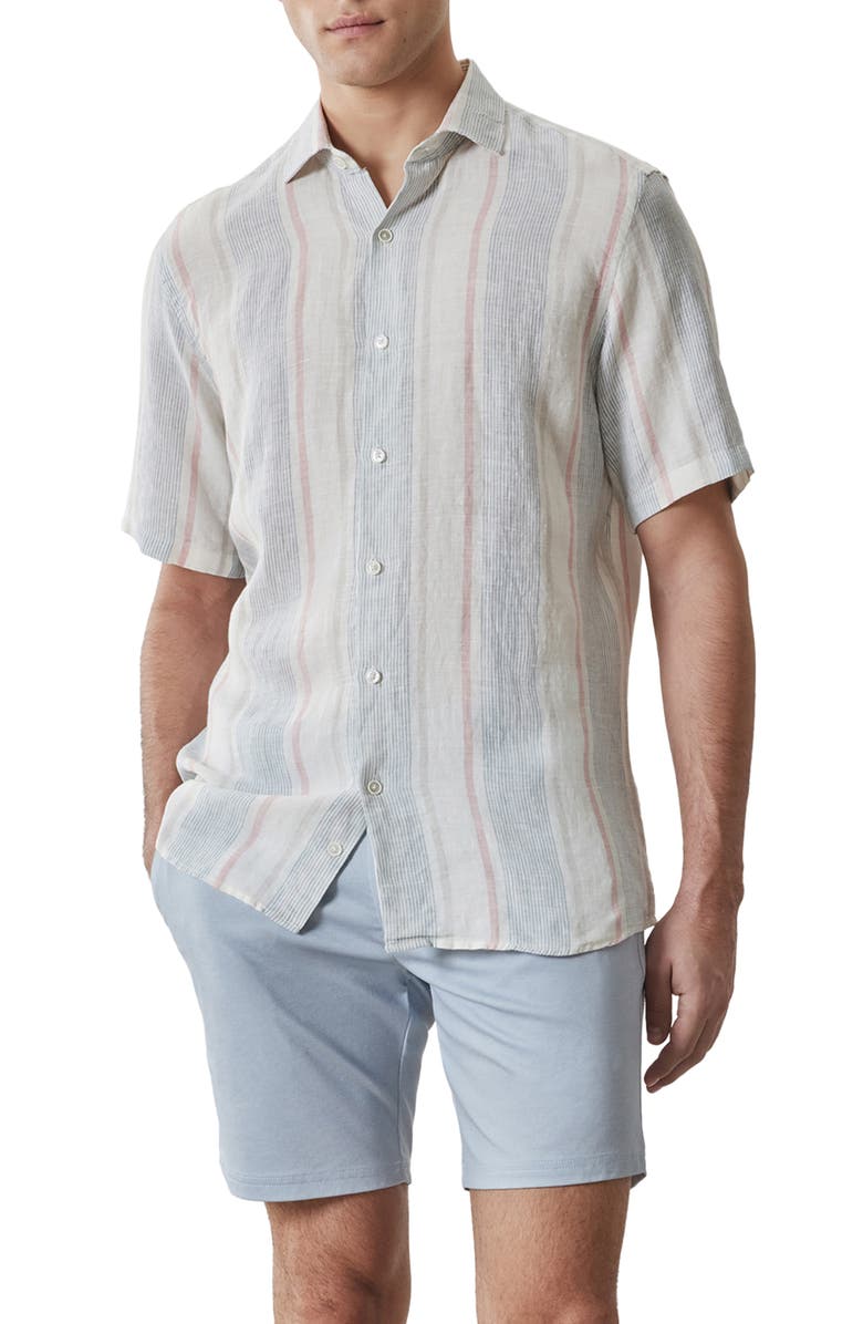 Robert Barakett Zev Stripe Short Sleeve Linen Button-Up Shirt, Main, color, 