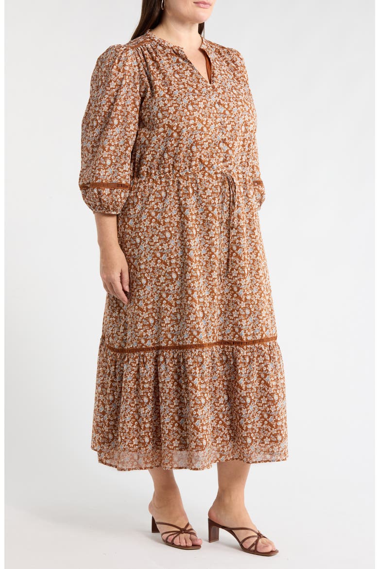 Ramsey Ditsy Harmy Drawstring Waist Midi Dress, Alternate, color, BROWN-MULT