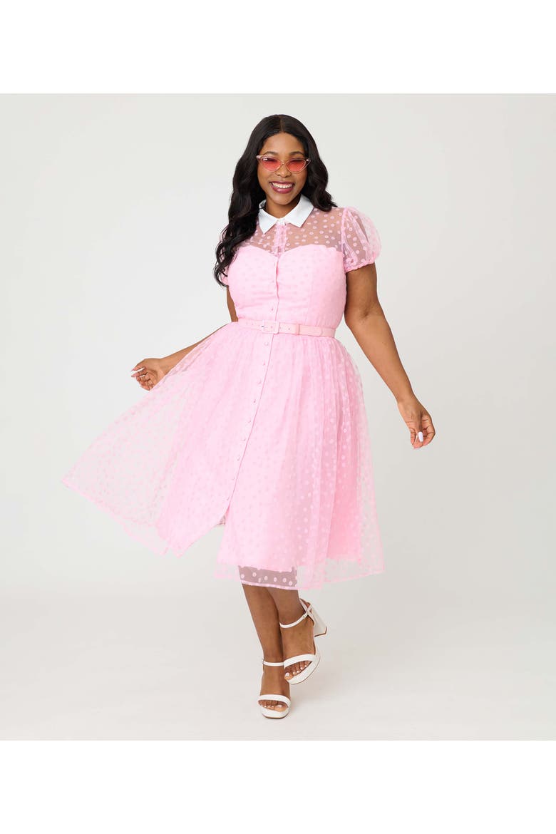Plus Size 1950s Short Sleeve Collared Hollie Swing Dress, Alternate, color, Pink Daisy Print