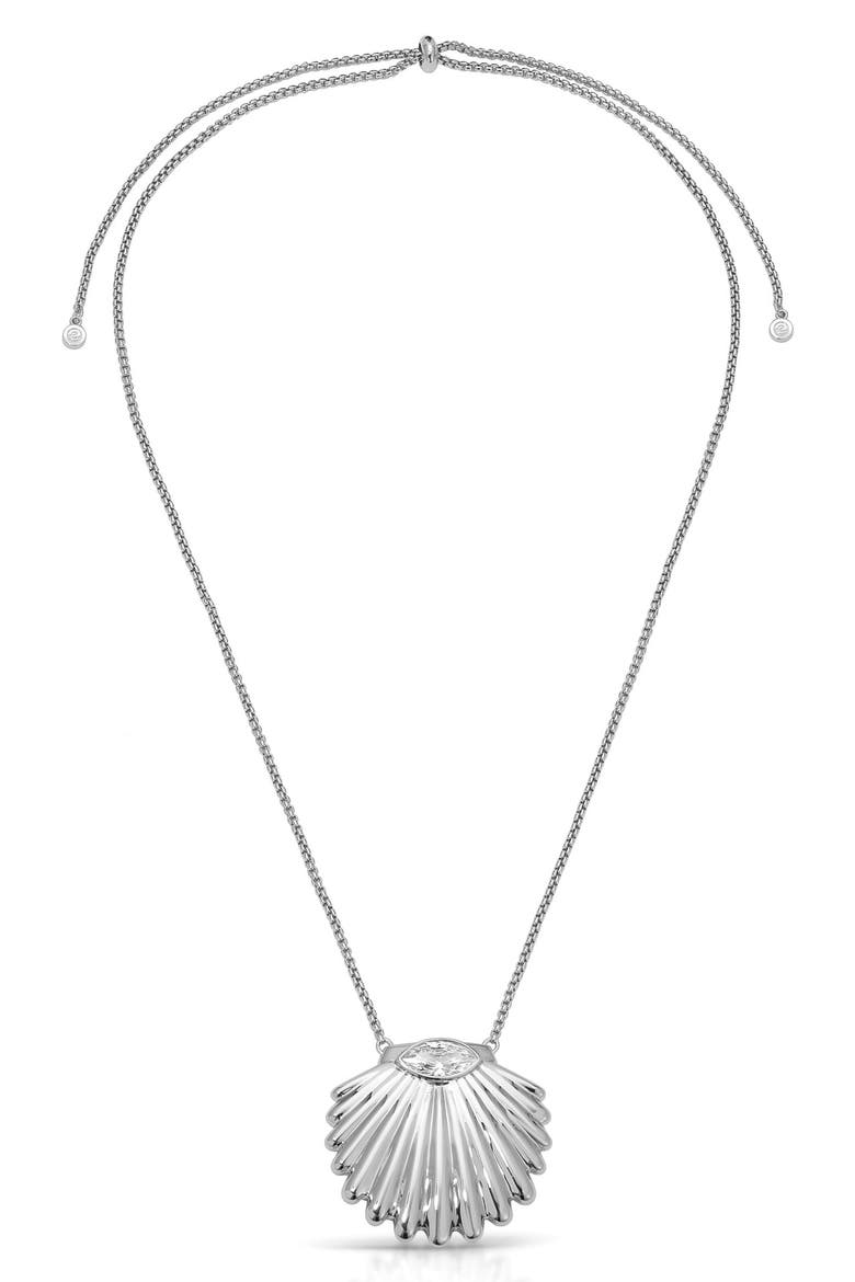 Cubic Zirconia Scalloped Shell Pendant Necklace, Alternate, color, SILVER