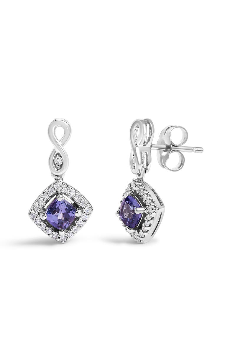 Haus of Brilliance 10K White Gold Tanzanite and Diamond Halo Cushion Shaped Drop Earrings, Alternate, color, White