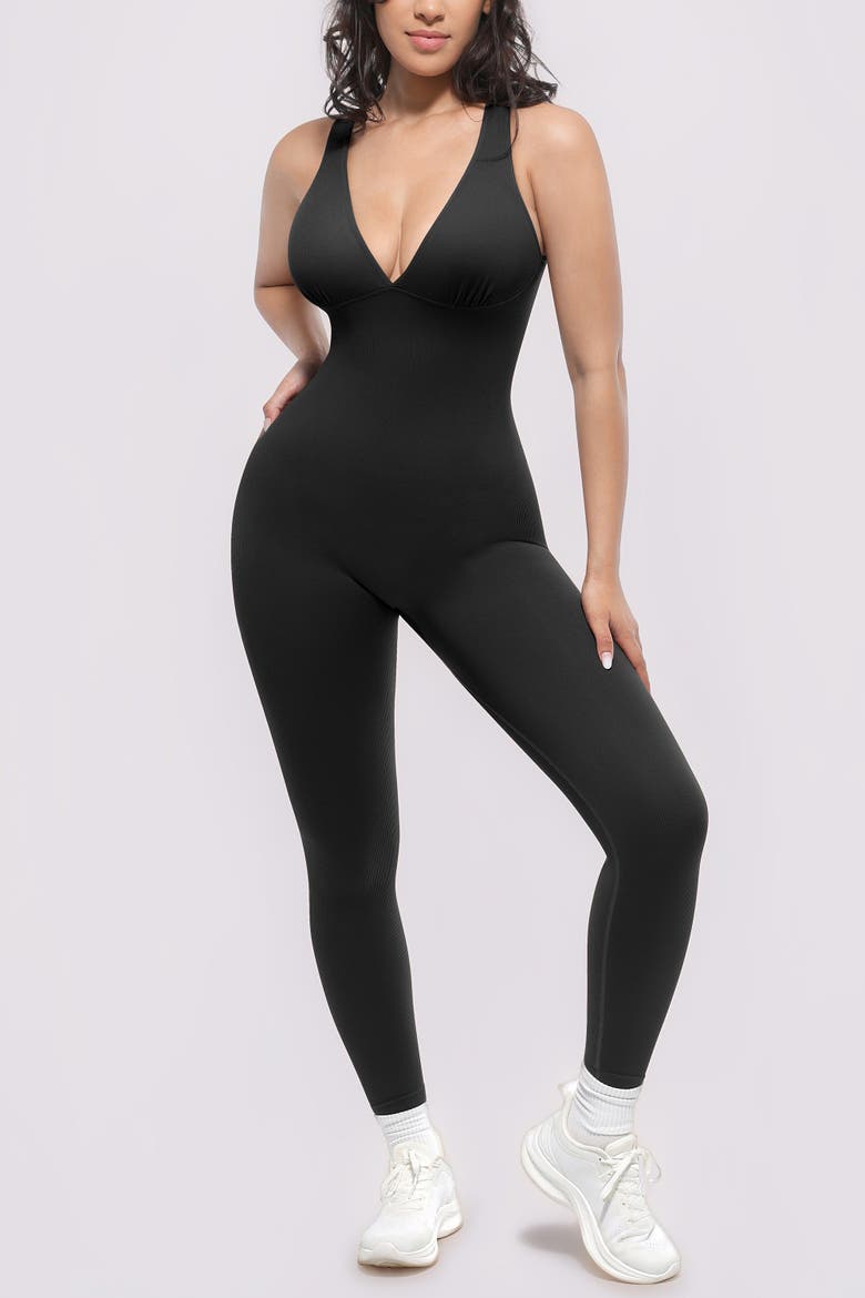 Plunge Built-In Bra Shaping Jumpsuit, Alternate, color, Black