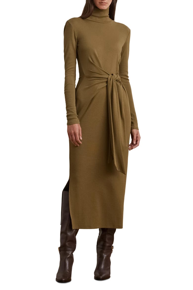 Tie Waist Long Sleeve Rib Dress, Main, color, HONEY TAN