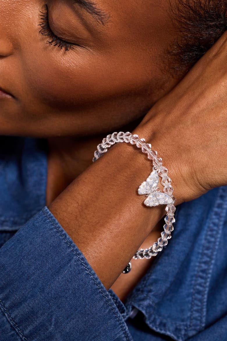 Glass Butterfly Beaded Charm Bangle, Alternate, color, Silver