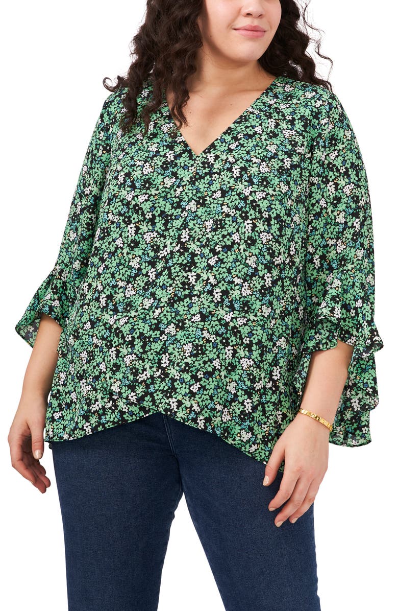 Vince Camuto Floral V-Neck Flutter Sleeve Chiffon Top, Main, color,