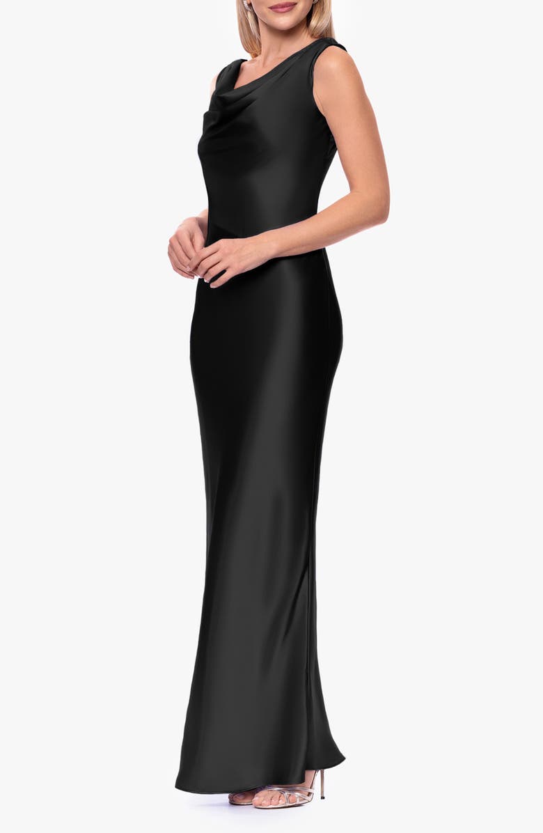 Betsy & Adam Open Back Satin Charmeuse Gown, Alternate, color, Black