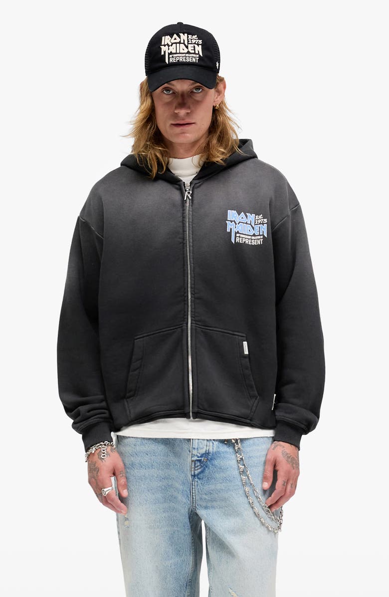 Represent Iron Maiden Anniversary Zip Hoodie, Alternate, color, Stained Black