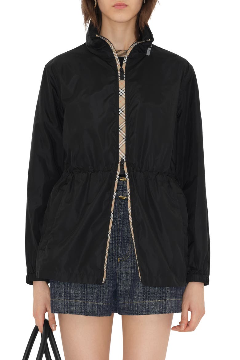 Check Trim Nylon Parka, Main, color, BLACK