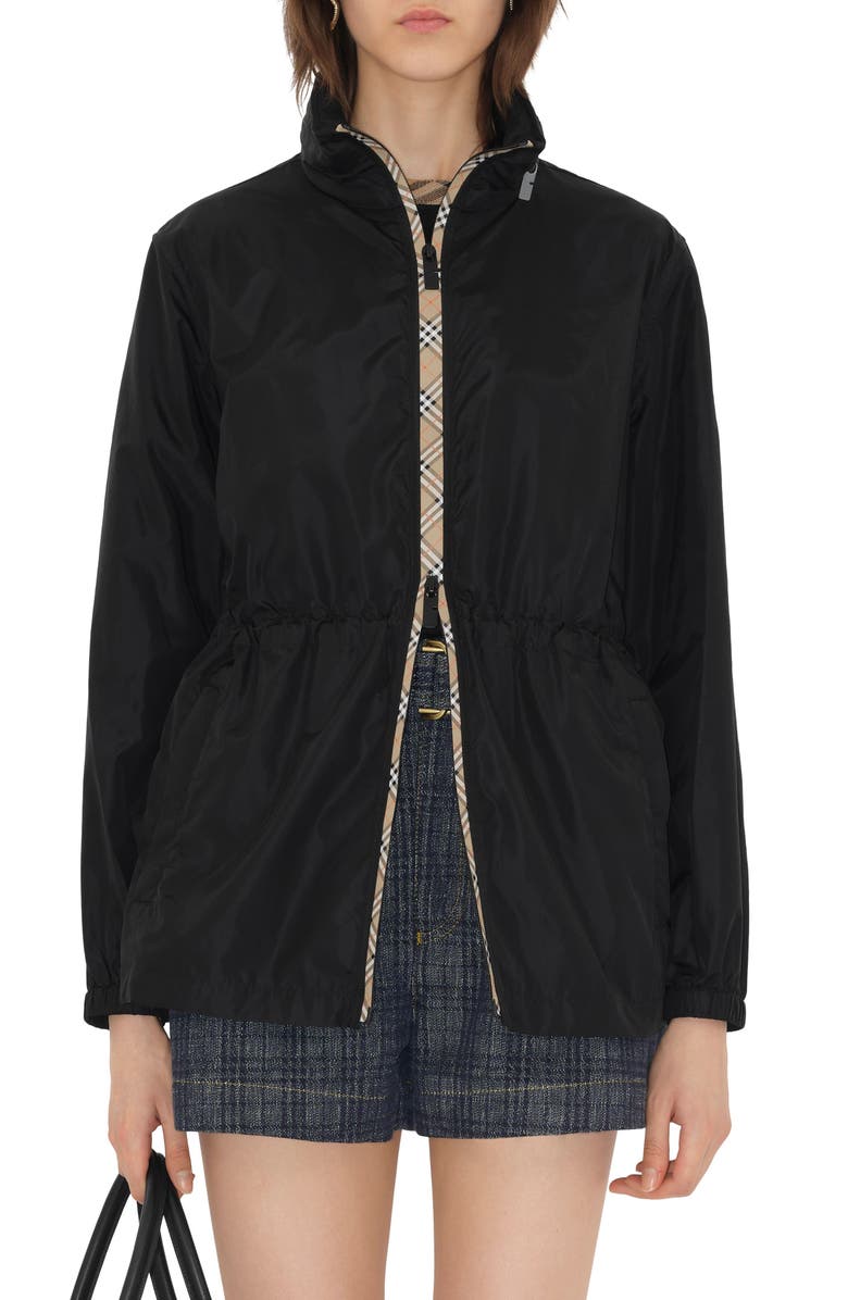 Burberry Check Trim Nylon Parka, Main, color, Black