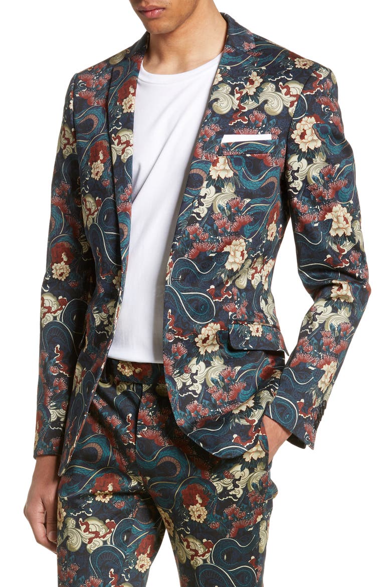 Skinny Fit Japan Print Suit Jacket, Main, color, BLACK