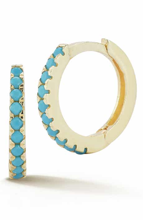 SPHERA MILANO 14K Gold Plated Sterling Silver Synthetic Turquoise Huggie Hoop Earrings