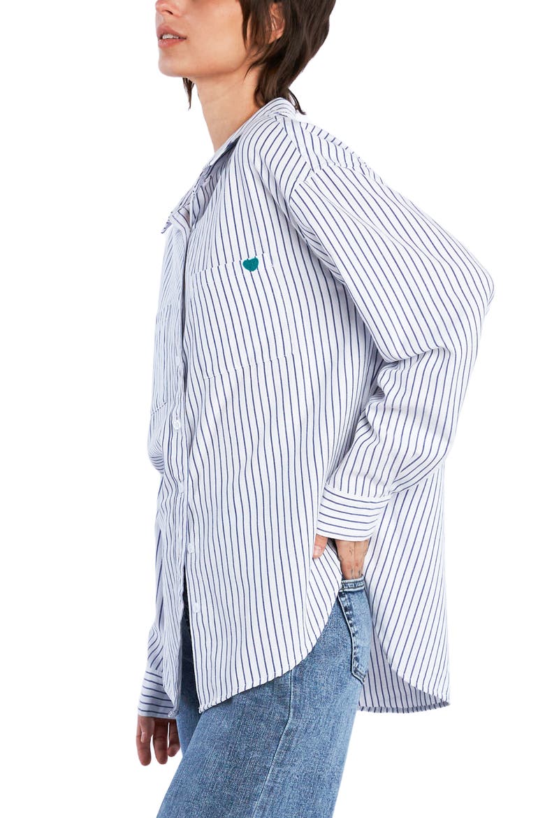 Thank You Stripe Embroidered Graphic Button-Up Shirt, Alternate, color, INDIGO STRIPES