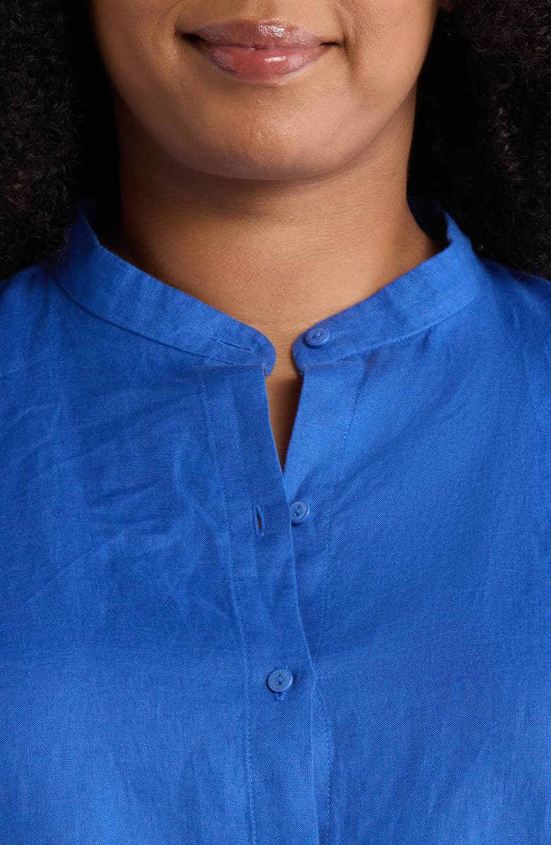 Eileen Fisher Mandarin Collar Short Sleeve Organic Linen Button-Up Shirt, Alternate, color, Sapphire