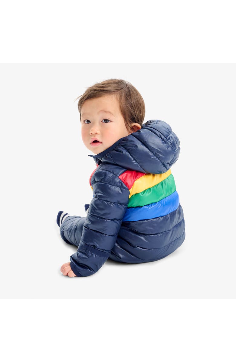 Primary Baby Lightweight Puffer Suit In Rainbow Stripe, Alternate, color, Navy Bold Rainbow