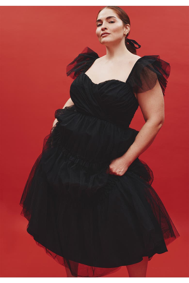 Flutter-Sleeve Tulle Midi Dress, Alternate, color, BLACK ONYX