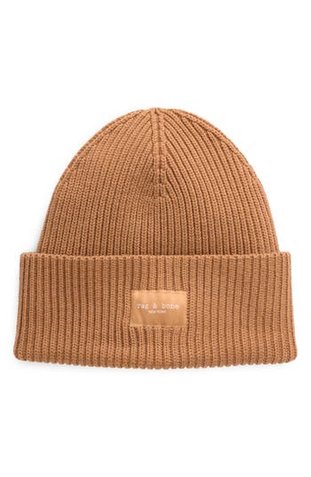Rag & Bone Blake Logo Patch Wool Blend Rib Beanie In Brown