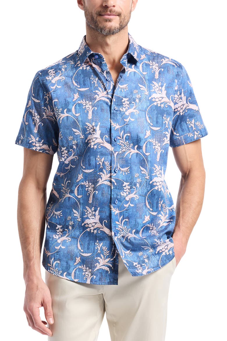 Junipero Short Sleeve Stretch Cotton Button-Up Shirt, Main, color, BLUE