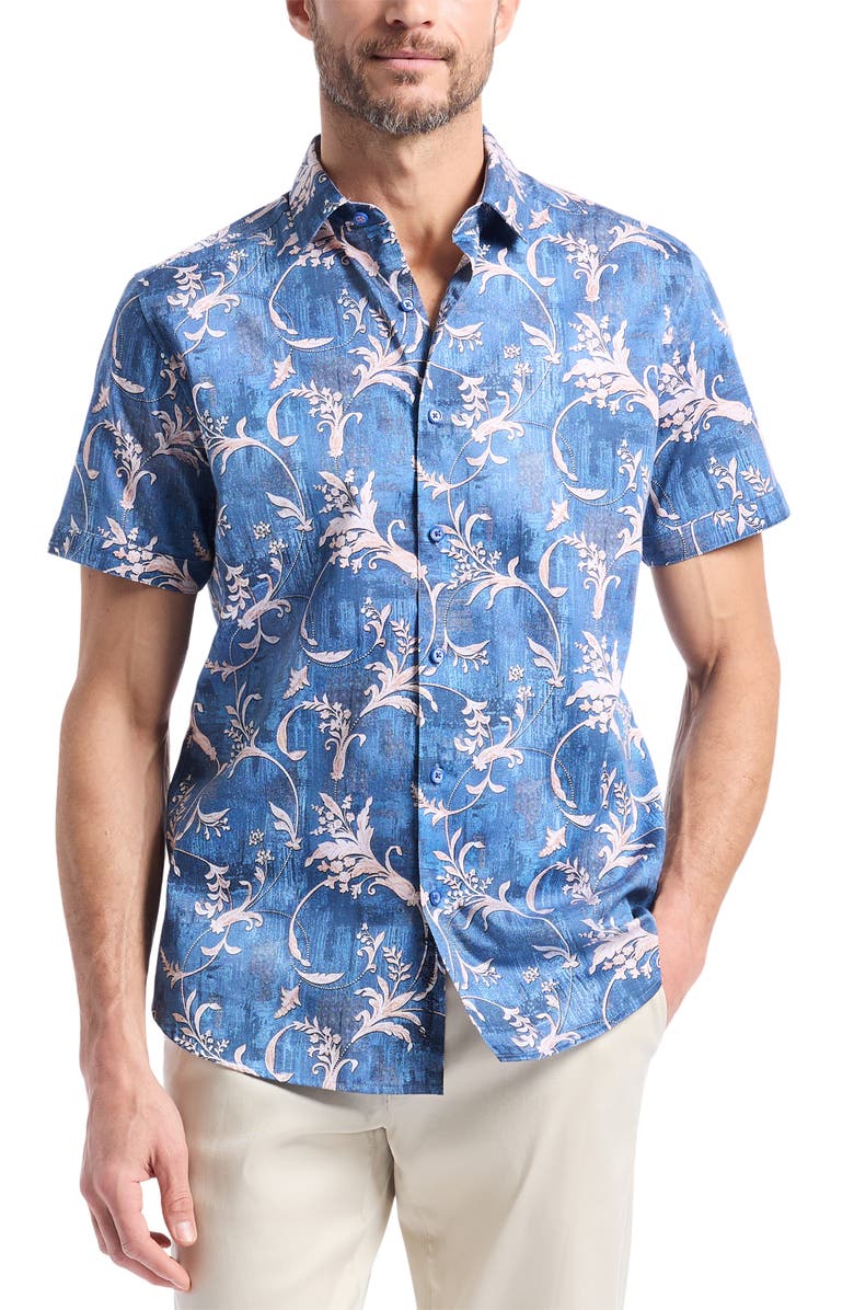 Robert Graham Junipero Short Sleeve Stretch Cotton Button-Up Shirt, Main, color, Blue