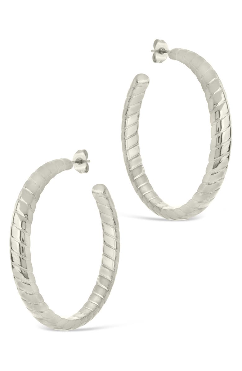 Sterling Forever Everly Flat Herringbone Chain Hoop Earrings, Main, color, Silver