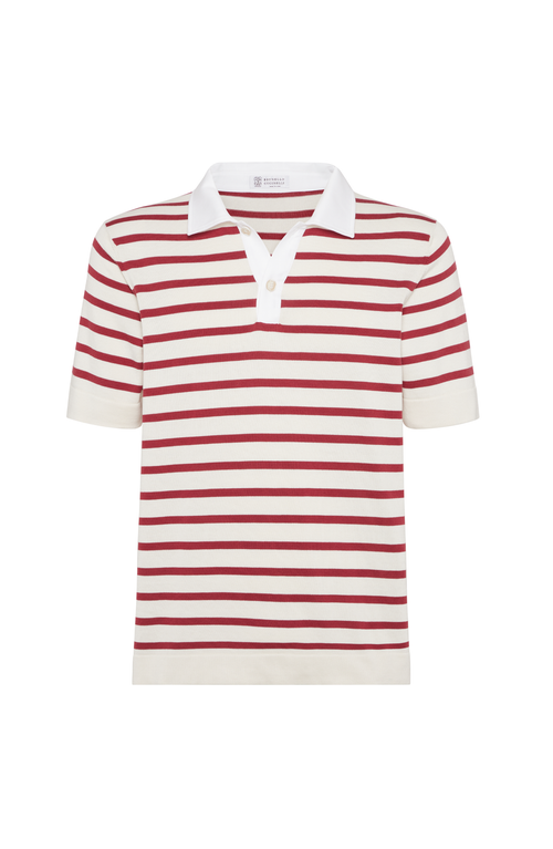Brunello Cucinelli Striped Cotton Polo Shirt In Red
