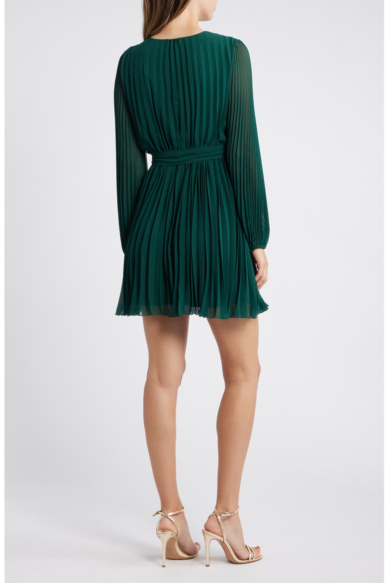 Tie Belt Long Sleeve Plissé Minidress, Alternate, color, HUNTER