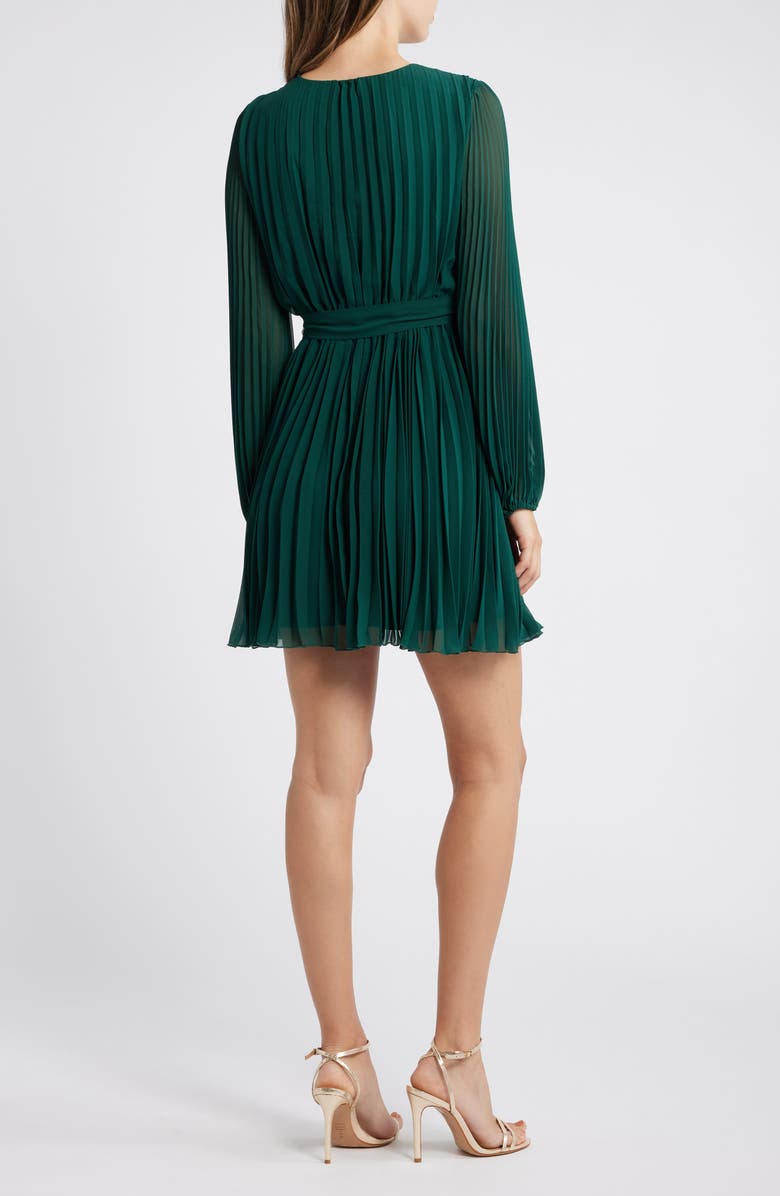 Sam Edelman Tie Belt Long Sleeve Plissé Minidress, Alternate, color, Hunter