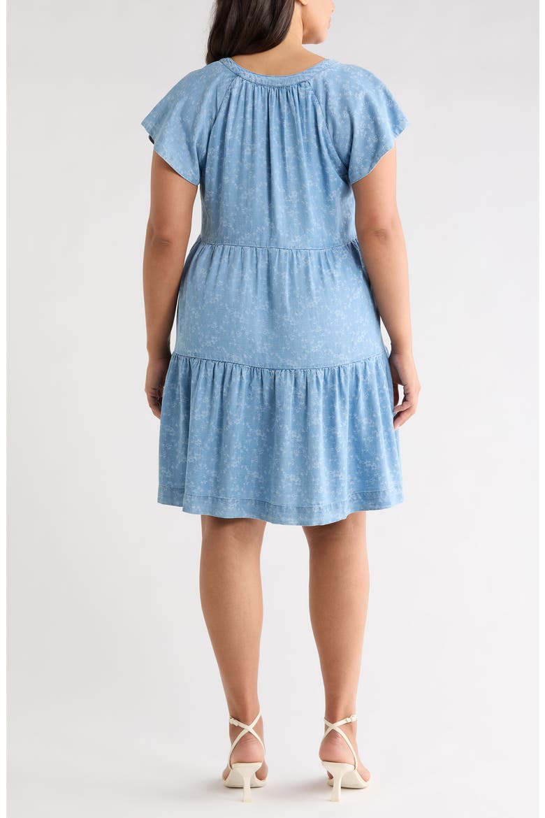 Tiered Floral Flutter Sleeve Denim Dress, Alternate, color, INDIGO ROSES