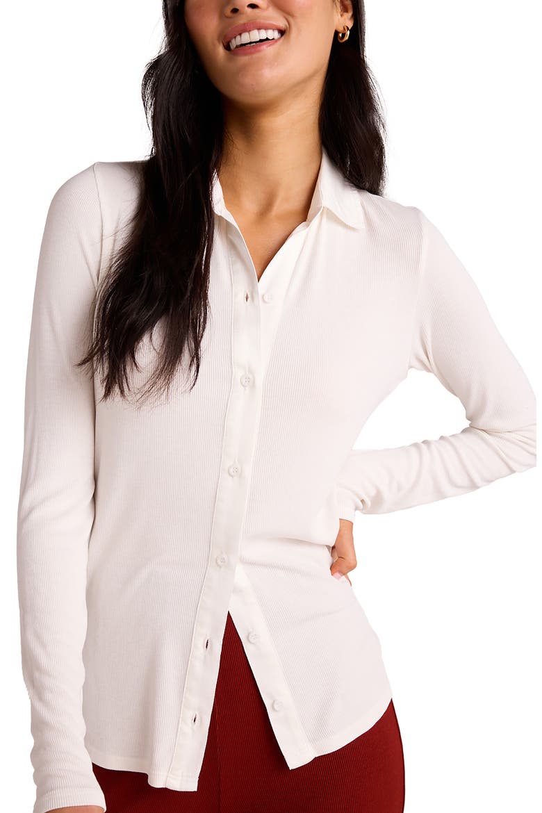 Rib Jersey & Poplin Button-Up Shirt, Main, color, WINTER WHITE