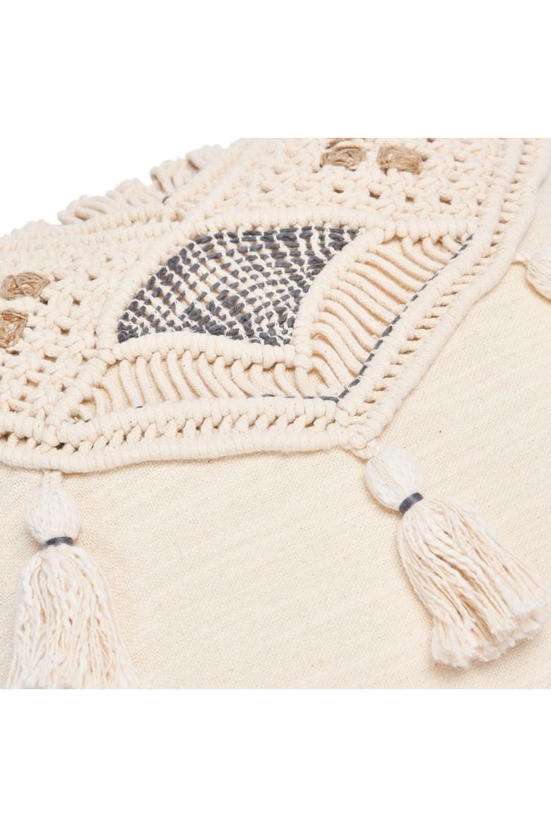 Hand-Woven Cotton and Jute Macramé Pillow with Tassels, Alternate, color, Cream