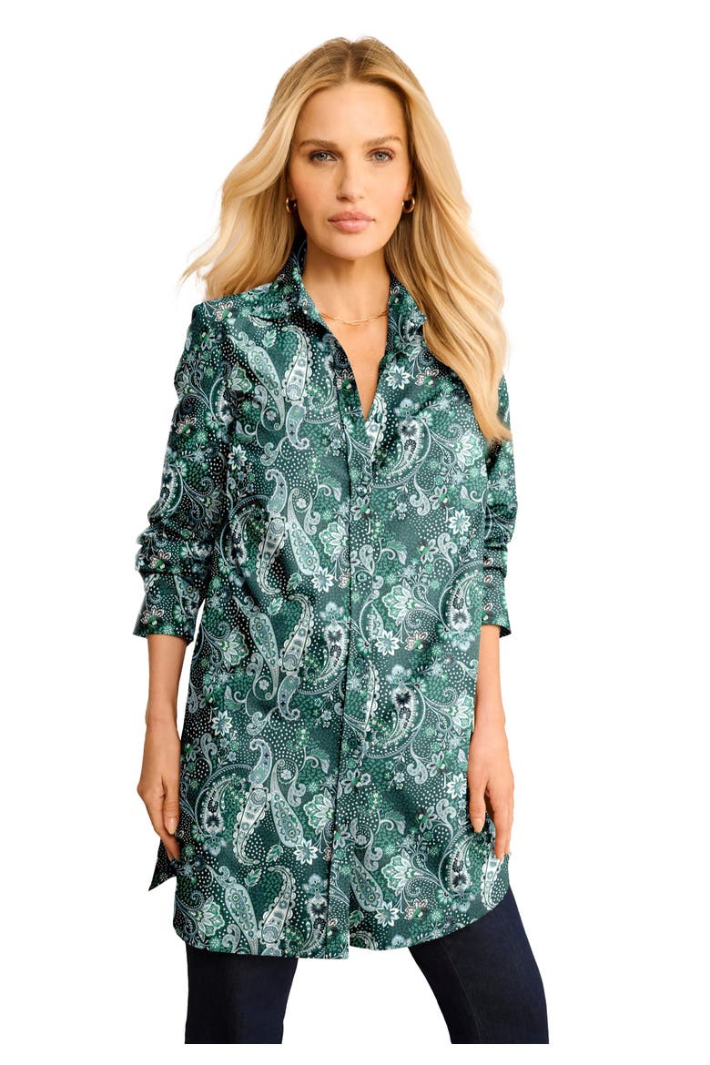 Kate Long-Sleeve Crisp Cotton-Blend Button-Front Tunic, Main, color, EMERALD FINE PAISLEY