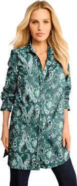 Roaman's Kate Long-Sleeve Crisp Cotton-Blend Button-Front Tunic