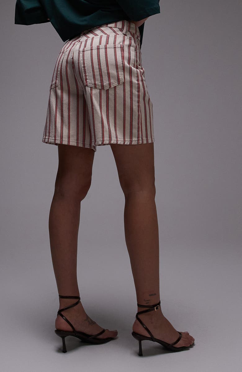 Topshop Stripe Mid Thigh Denim Shorts, Alternate, color, Dark Red