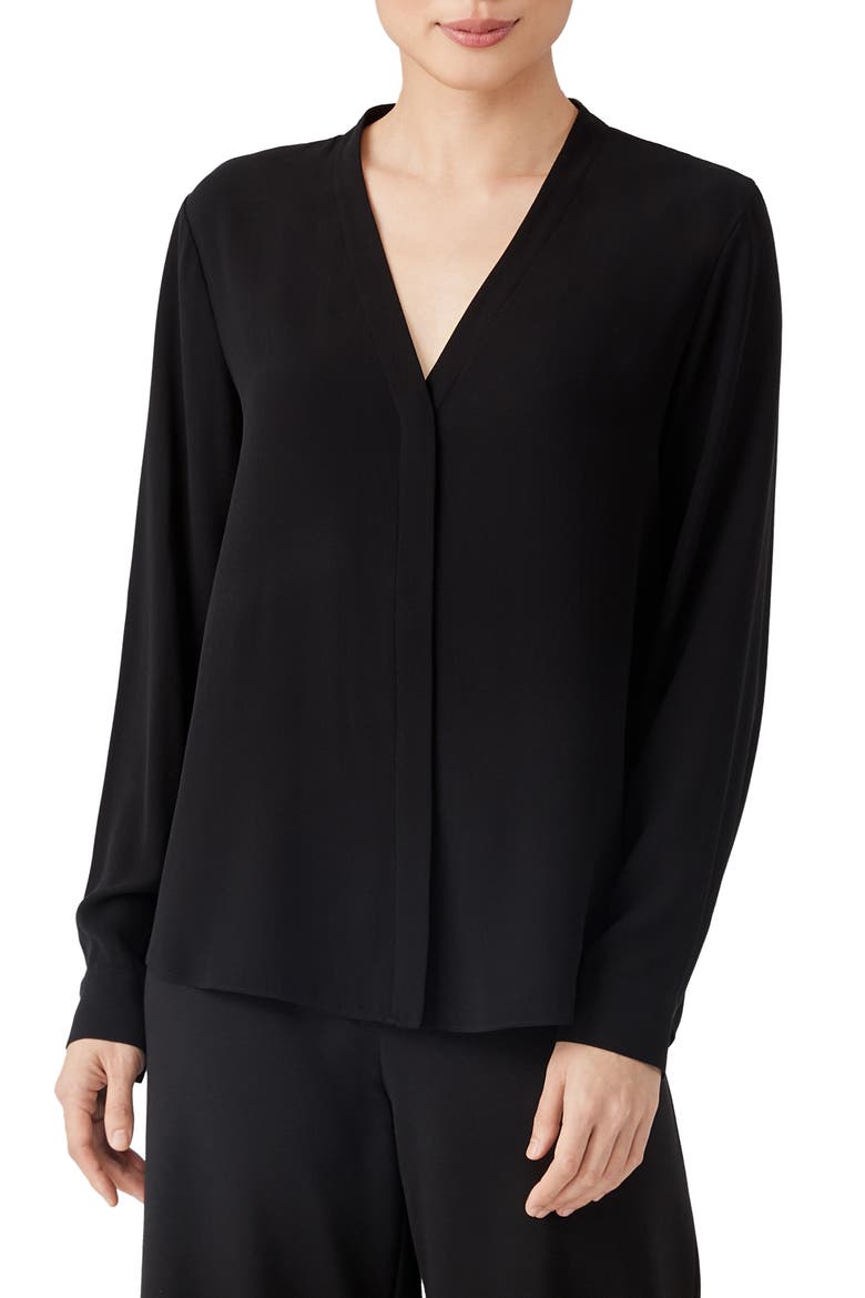 V-Neck Silk Crepe Blouse, Main, color, BLACK