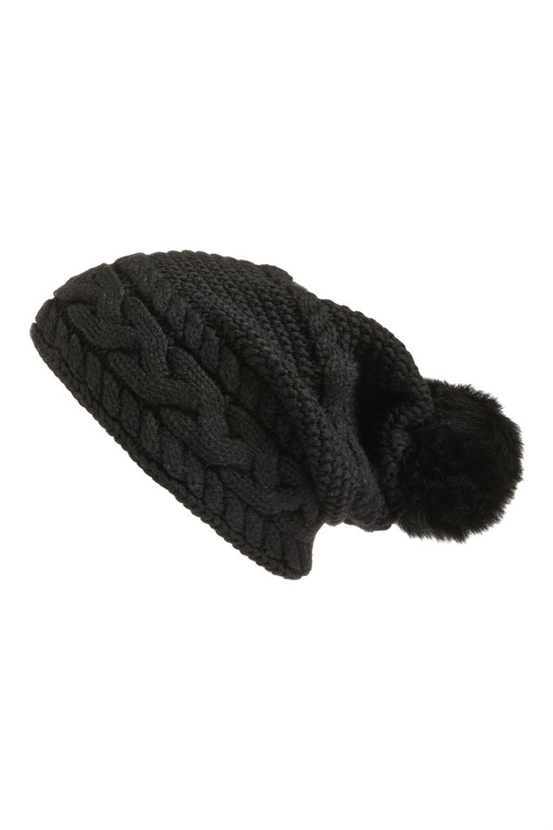 Cable Knit Genuine Shearling Pom Beanie, Main, color, BLACK