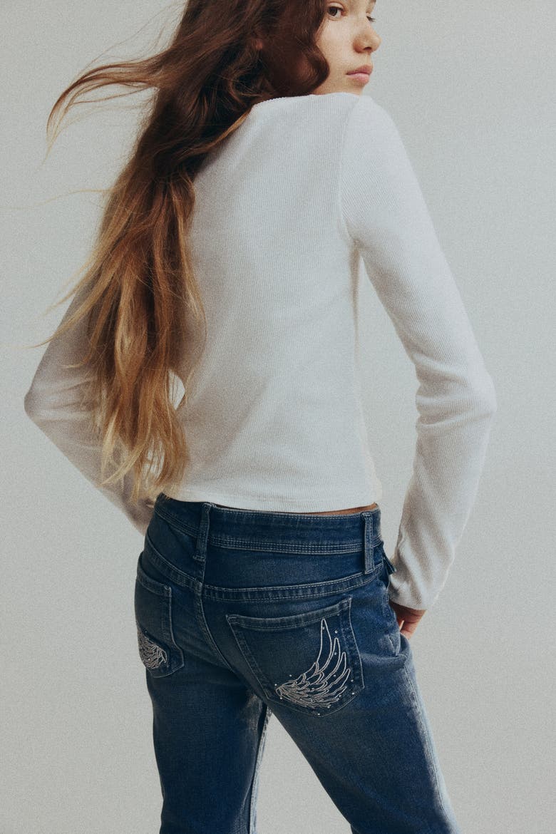 Embroidered-detail Flared Low Jeans, Alternate, color, Denim blue