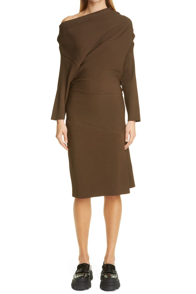 Rib One-Shoulder Long Sleeve Dress, Alternate, color, DARK BROWN