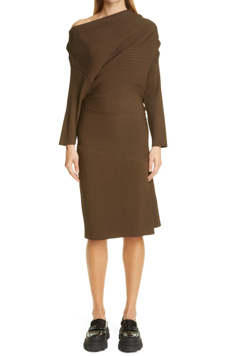 Proenza Schouler Rib One-Shoulder Long Sleeve Dress, Alternate, color,