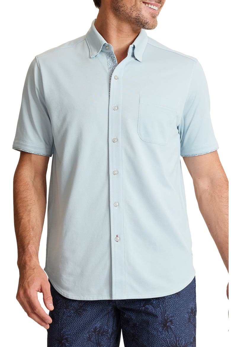 San Lucio Breeze Happy Hour IslandZone® Knit Short Sleeve Cotton Blend Button-Up Shirt, Main, color, SILVERY BLUE