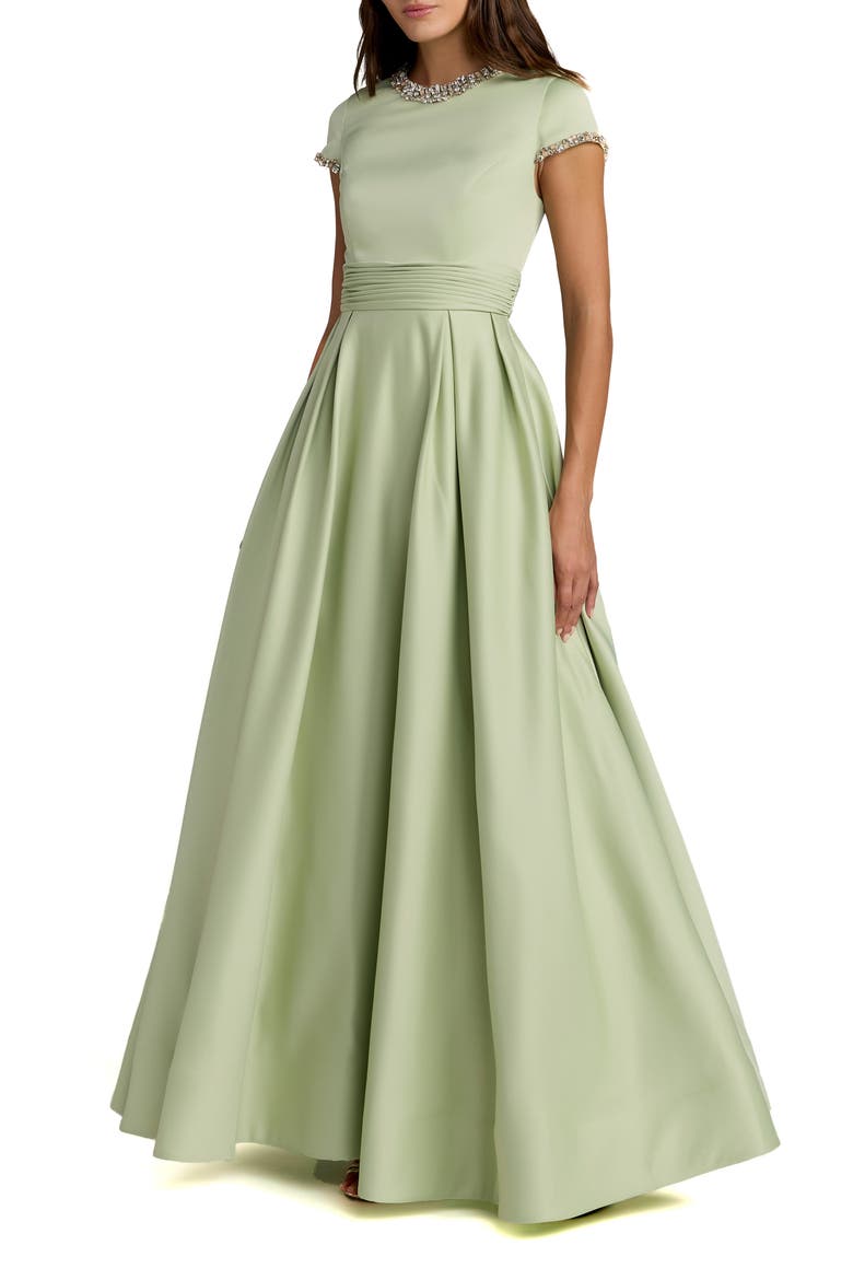 Embellished Satin Cap Sleeve Ball Gown, Main, color, Sage