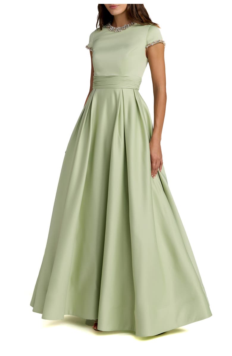 Mac Duggal Embellished Satin Cap Sleeve Ball Gown, Main, color, Sage