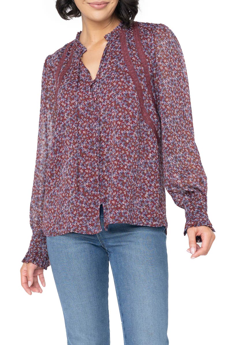 GIBSONLOOK Floral Long Sleeve Button-Up Blouse, Main, color, Berry/ Denim Ditsy