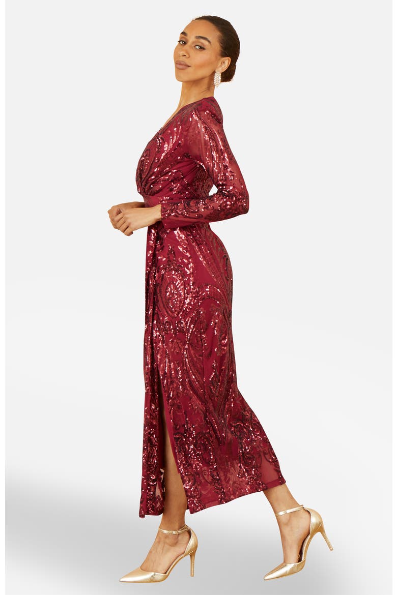Sequin Midi Long Sleeve Wrap Dress, Alternate, color, Burgundy